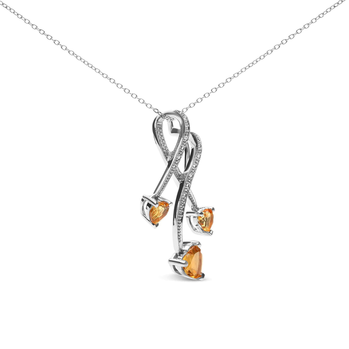 .925 Sterling Silver 3-Stone Heart Shape Citrine and Diamond Accent Spiral Drop 18" Pendant Necklace (H-I Color, SI1-SI2 Clarity) - RAGIMA Emporium