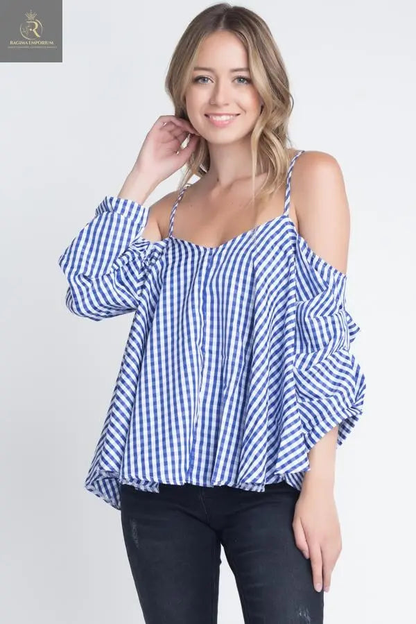 Women's Cold Shoulder Checkered Top - RAGIMA Emporium