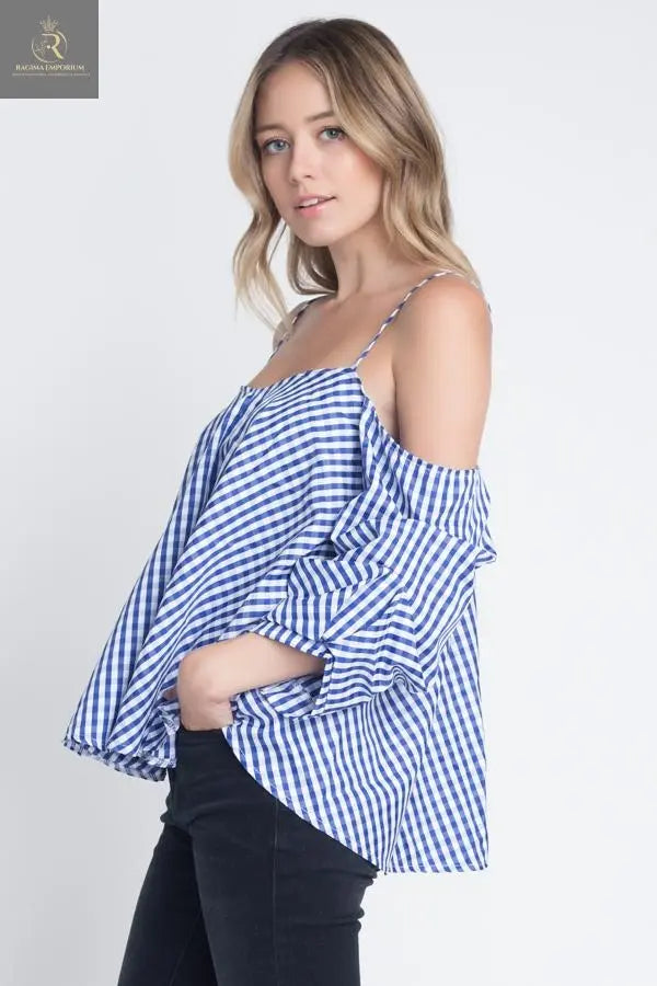 Women's Cold Shoulder Checkered Top - RAGIMA Emporium