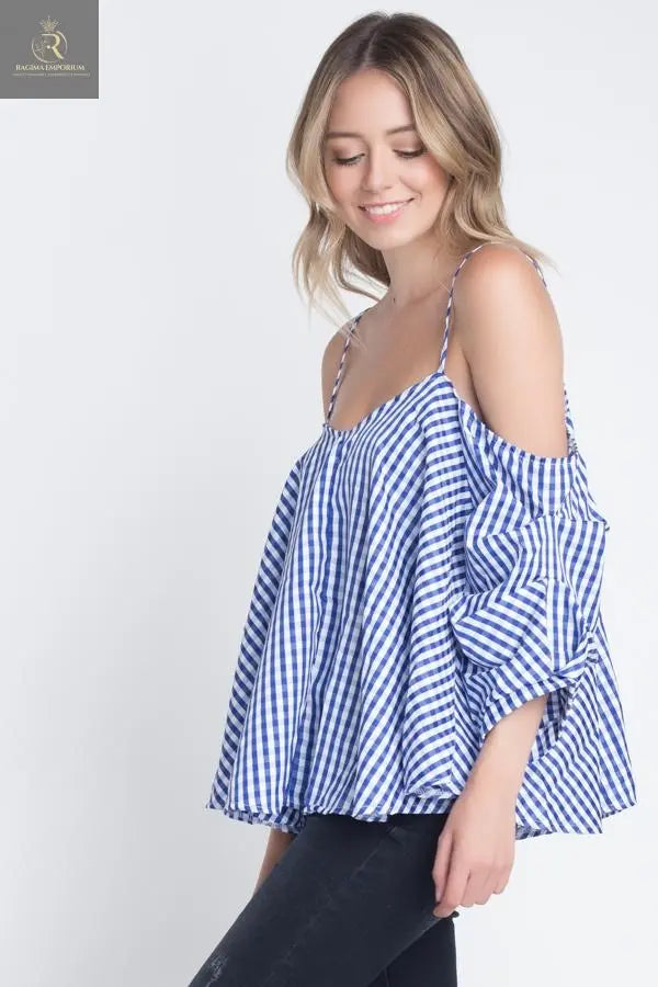 Women's Cold Shoulder Checkered Top - RAGIMA Emporium