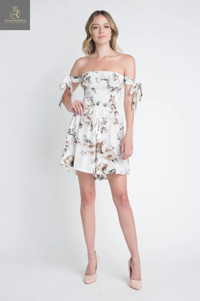 Women's Off Shoulder Smocked Floral Tie Romper - RAGIMA Emporium