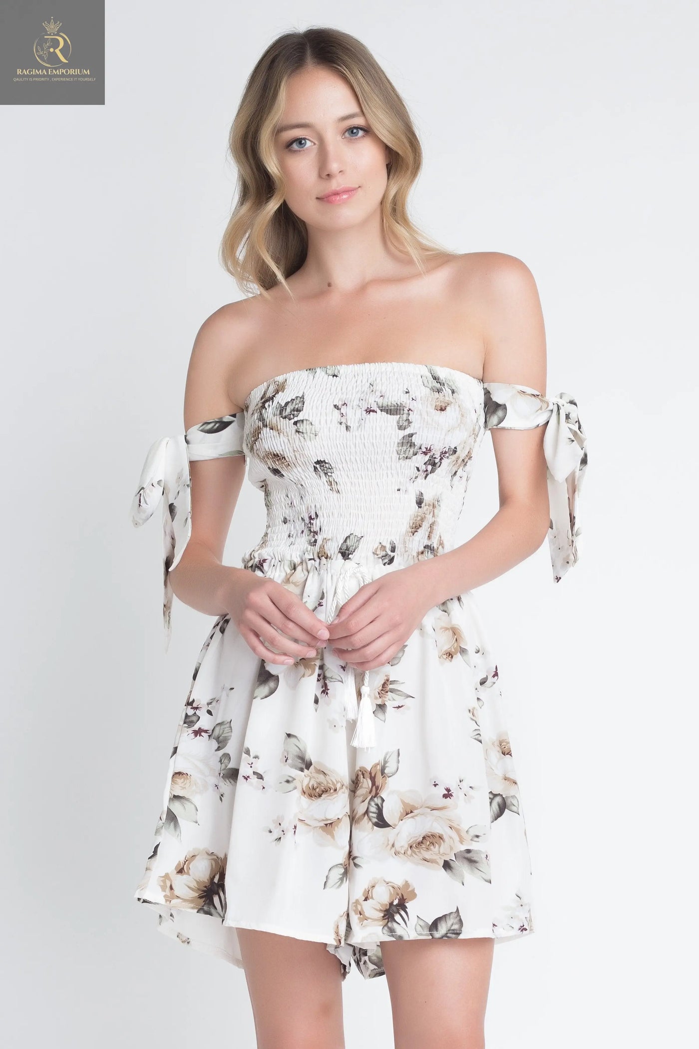 Women's Off Shoulder Smocked Floral Tie Romper - RAGIMA Emporium