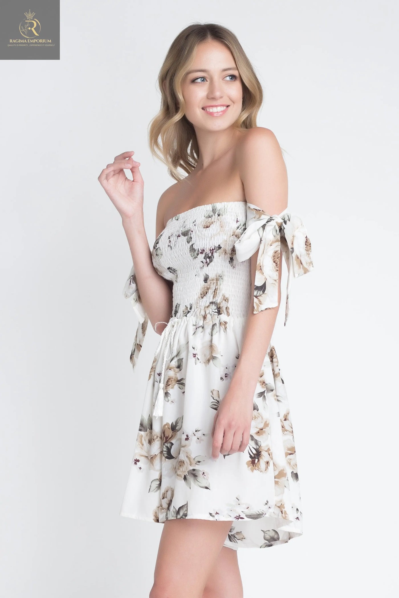 Women's Off Shoulder Smocked Floral Tie Romper - RAGIMA Emporium