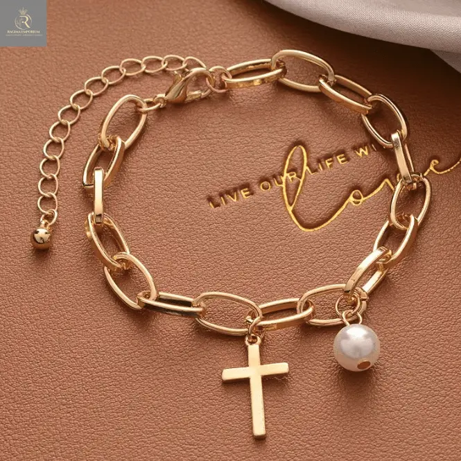 Womens Oval Link Bracelet With Cross Charm and Faux Pearl - RAGIMA Emporium