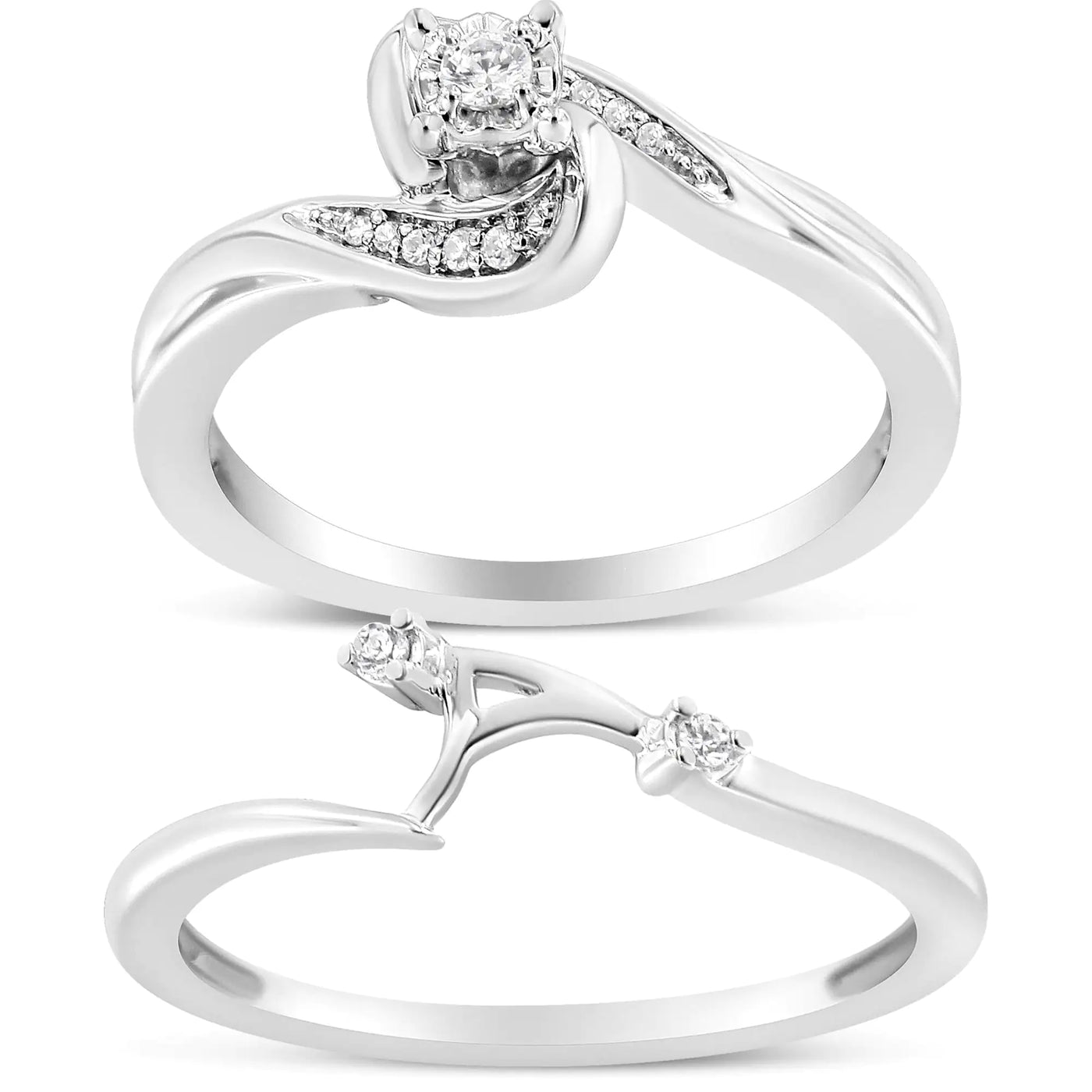 .925 Sterling Silver 1/10 Cttw Diamond Swirl and Bypass Bridal Set Ring and Band (I-J Color, I3 Clarity) - RAGIMA Emporium