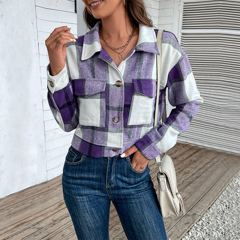 Plaid Lapel Cropped Jacket With Pockets Fashion Button Long Sleeve Short Outwear Tops Coat For Womens Clothing - RAGIMA Emporium