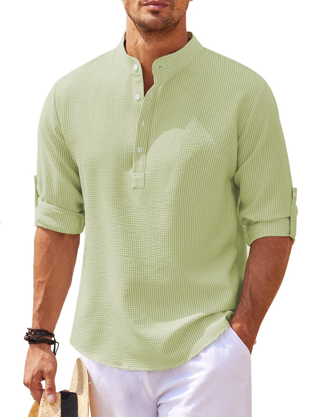 Men's Casual Shirt  Long Sleeve Stand Collar Solid Color Shirt Mens Clothing - RAGIMA Emporium