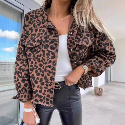 Women's Leopard Print Jacket With Pocket Y2K Fashion Lapel Single-breasted Denim Overcoat Women's Clothing - RAGIMA Emporium