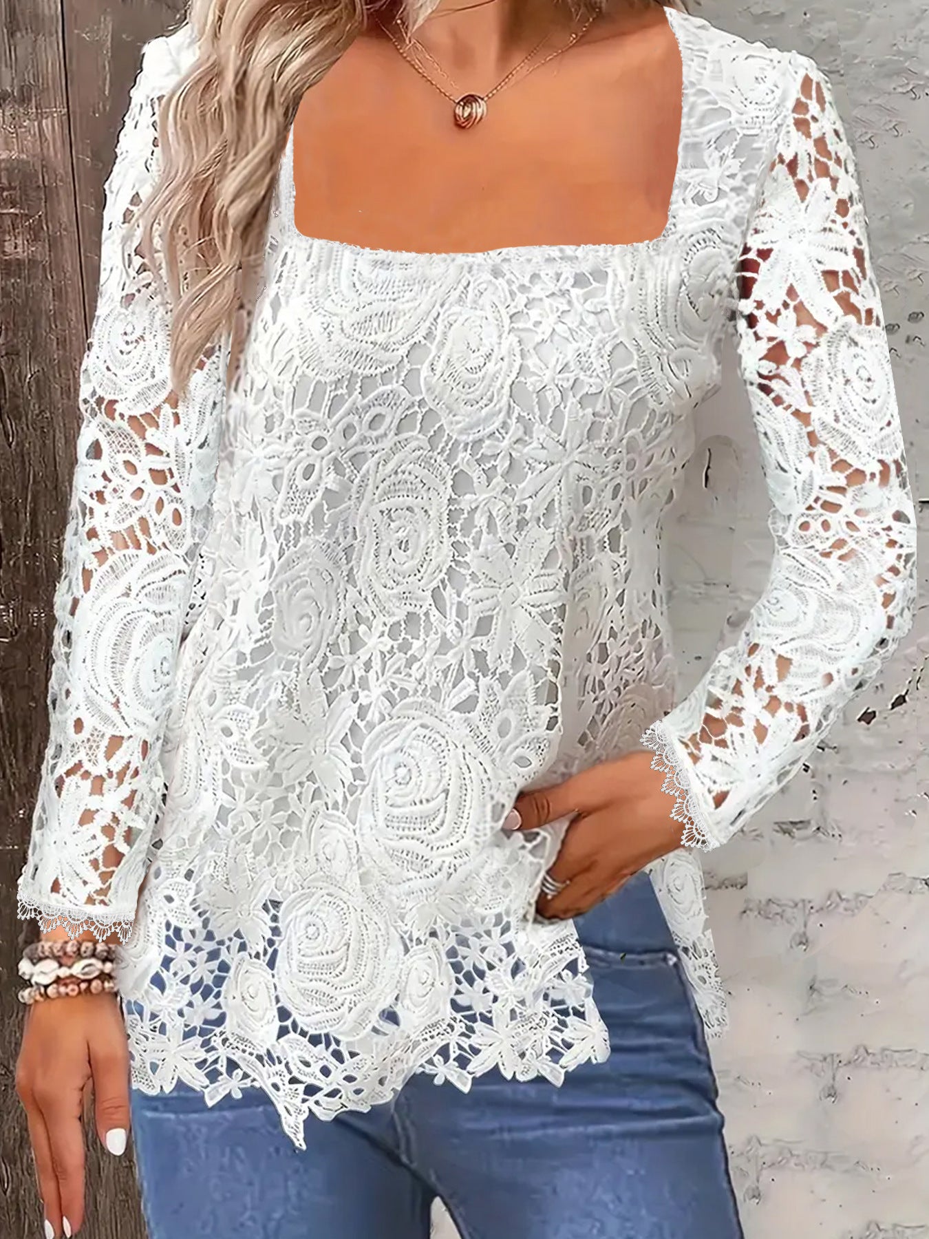 Fashion Long Sleeve Square Neck Tops Women Solid Color Floral Lace Shirt - RAGIMA Emporium