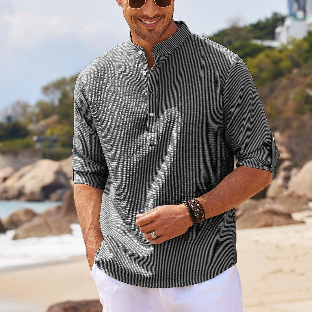 Men's Casual Shirt  Long Sleeve Stand Collar Solid Color Shirt Mens Clothing - RAGIMA Emporium