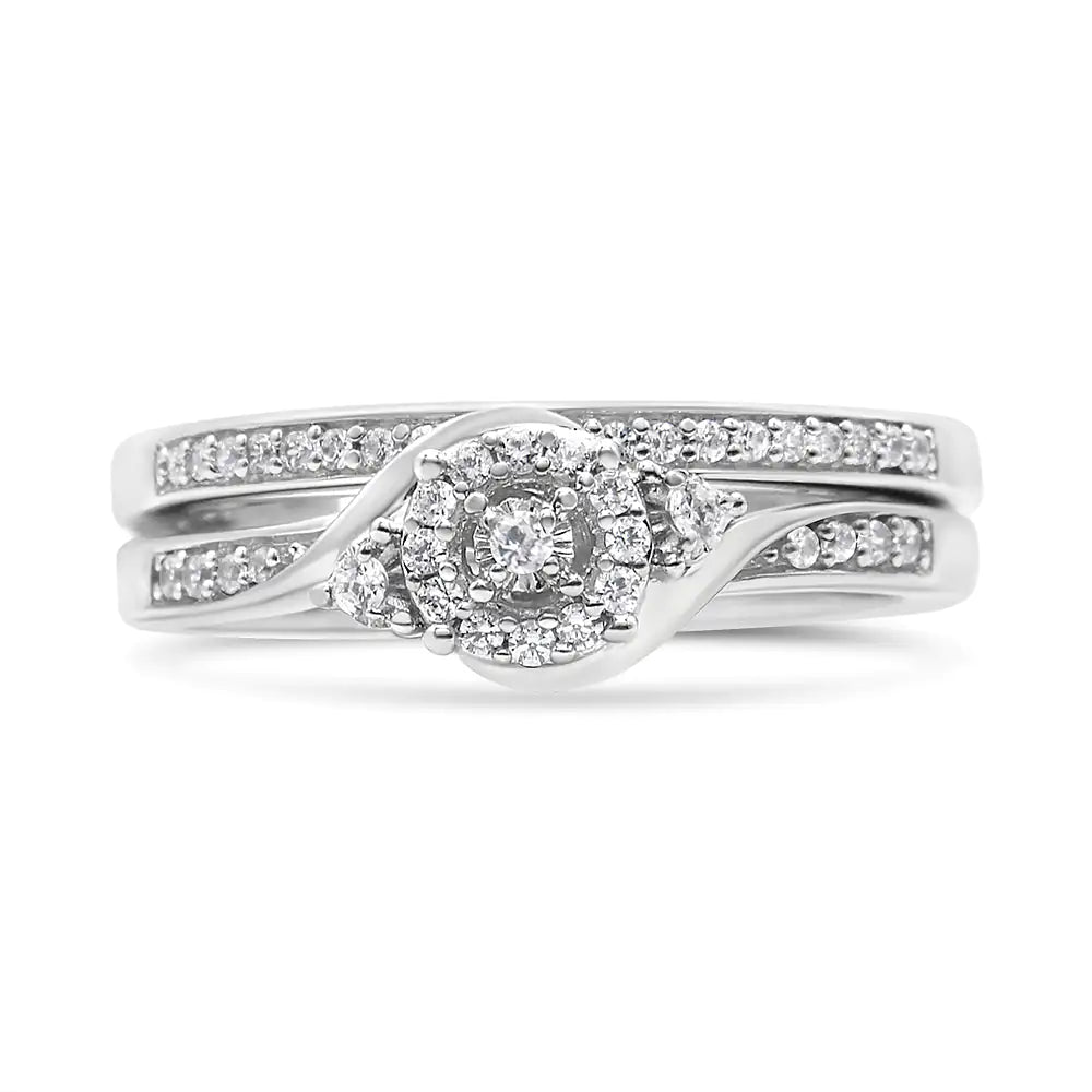 .925 Sterling Silver 1/4 Cttw Diamond Halo and Swirl Engagement Ring and Wedding Band Set (I-J Color, I3 Clarity) - RAGIMA Emporium