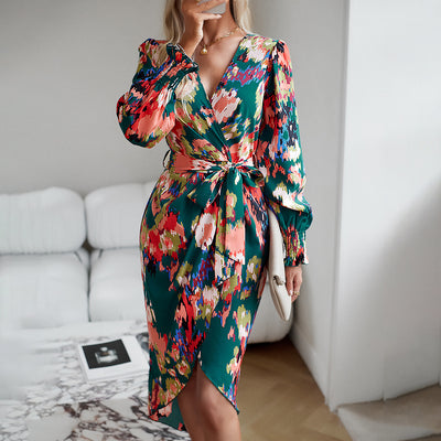 Printed Dress 2023 Autumn Winter Elegant V-neck Dress - RAGIMA Emporium