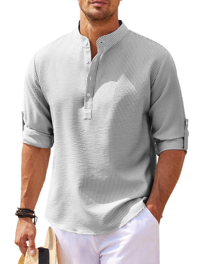 Men's Casual Shirt  Long Sleeve Stand Collar Solid Color Shirt Mens Clothing - RAGIMA Emporium