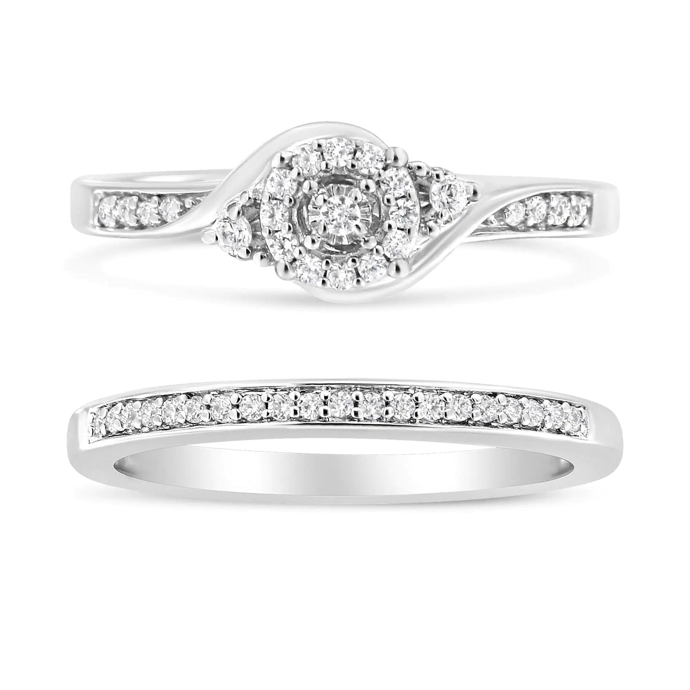 .925 Sterling Silver 1/4 Cttw Diamond Halo and Swirl Engagement Ring and Wedding Band Set (I-J Color, I3 Clarity) - RAGIMA Emporium