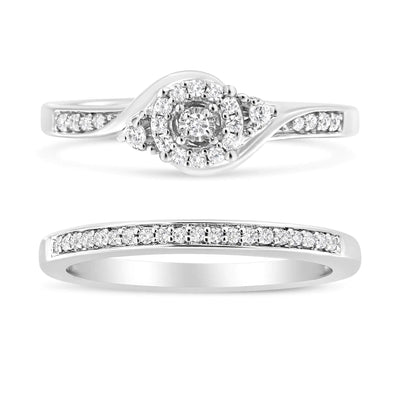 .925 Sterling Silver 1/4 Cttw Diamond Halo and Swirl Engagement Ring and Wedding Band Set (I-J Color, I3 Clarity) - RAGIMA Emporium