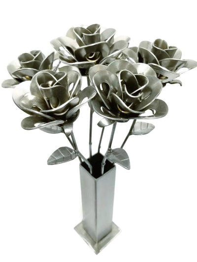 Half Dozen Metal Roses and Vase, Six Recycled Metal Roses and Vase, - RAGIMA Emporium