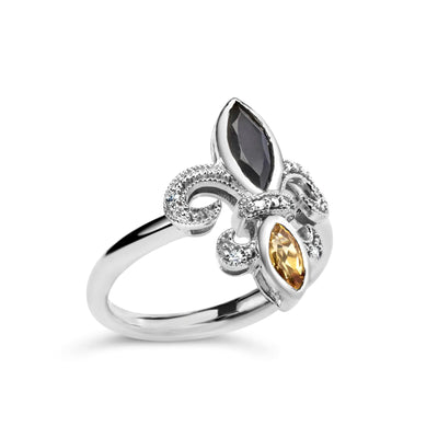 .925 Sterling Silver Black Onyx and Yellow Citrine Marquise and Diamond Accent Fleur De Lis Ring (H-I Color, SI1-SI2 Clarity) - RAGIMA Emporium