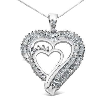 .925 Sterling Silver 3/4 Cttw Round and Baguette Diamond Double Heart Pendant 18" Necklace (I-J Color, I3 Clarity) - RAGIMA Emporium