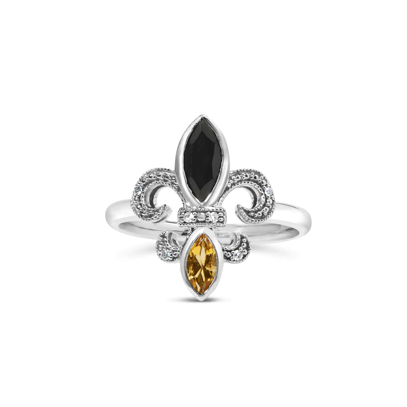 .925 Sterling Silver Black Onyx and Yellow Citrine Marquise and Diamond Accent Fleur De Lis Ring (H-I Color, SI1-SI2 Clarity) - RAGIMA Emporium