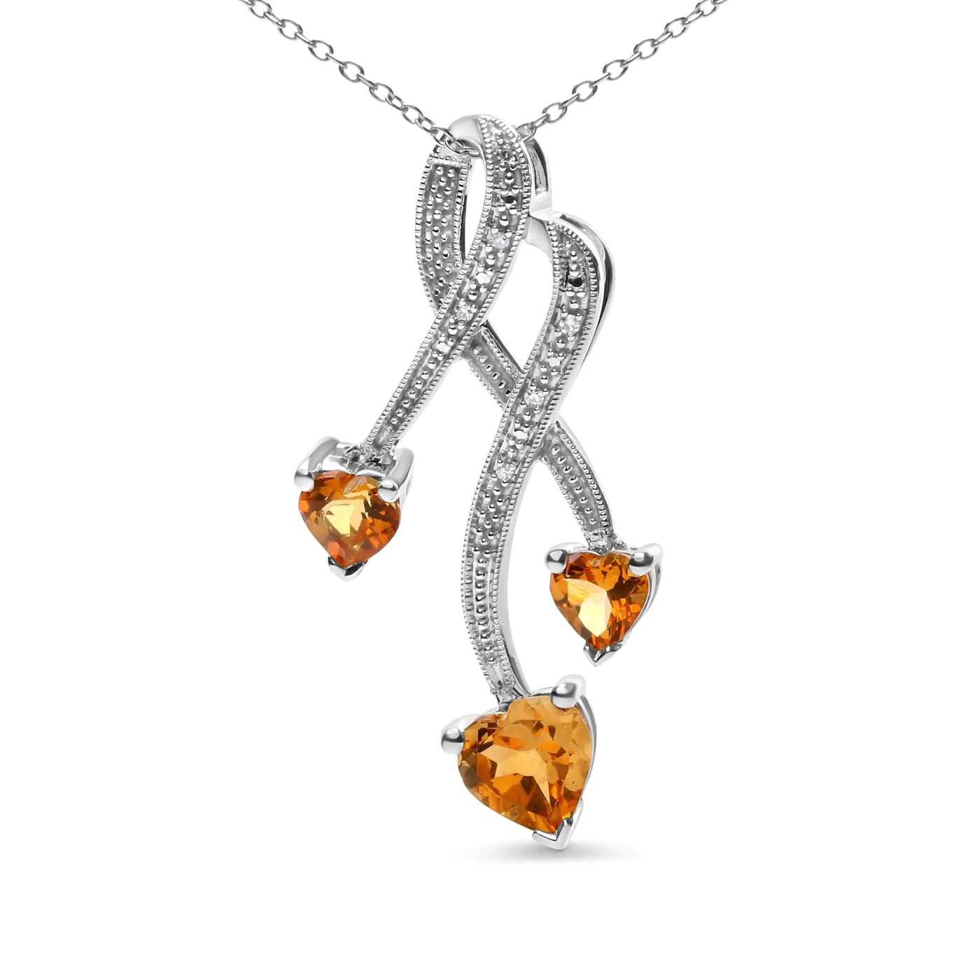 .925 Sterling Silver 3-Stone Heart Shape Citrine and Diamond Accent Spiral Drop 18" Pendant Necklace (H-I Color, SI1-SI2 Clarity) - RAGIMA Emporium